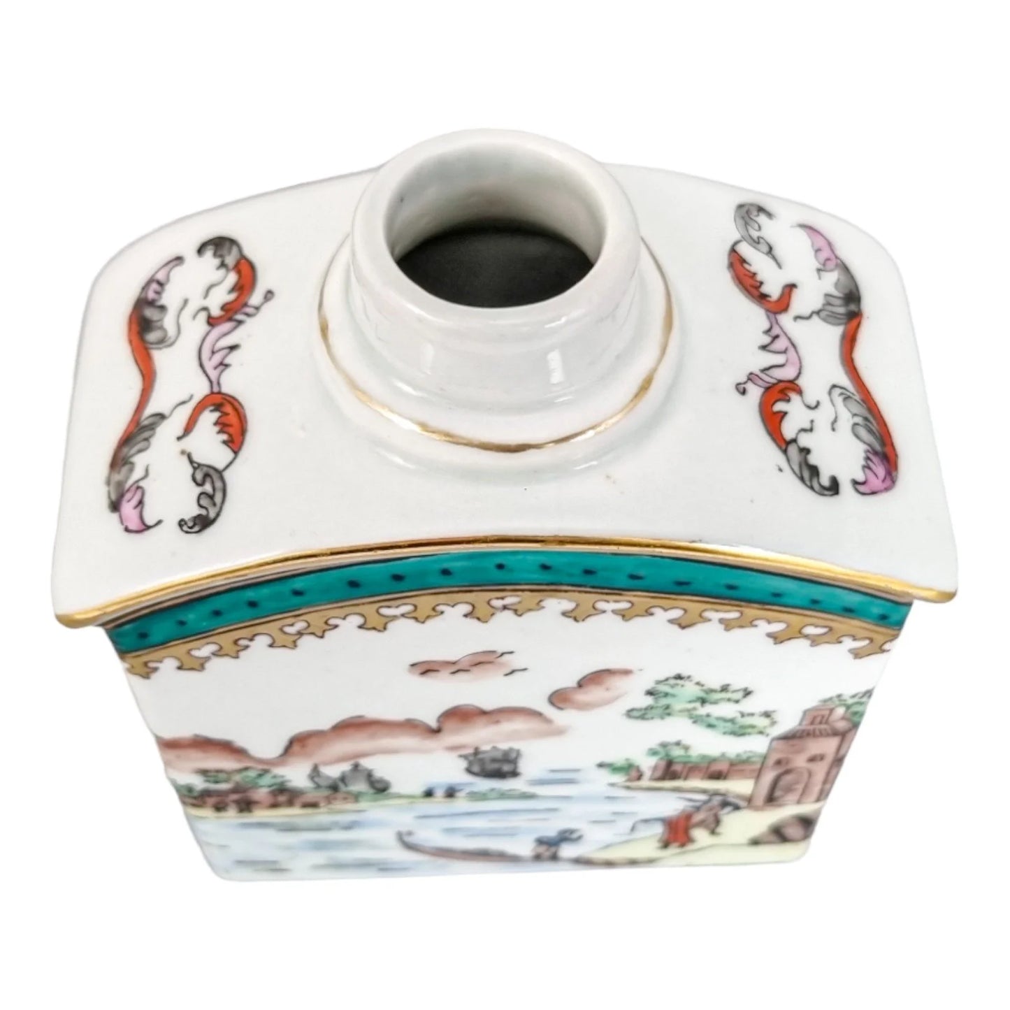 Late 19th century French Samson armorial porcelain tea caddy with riverscape scenes