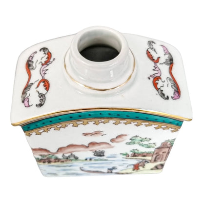 Late 19th century French Samson armorial porcelain tea caddy with riverscape scenes