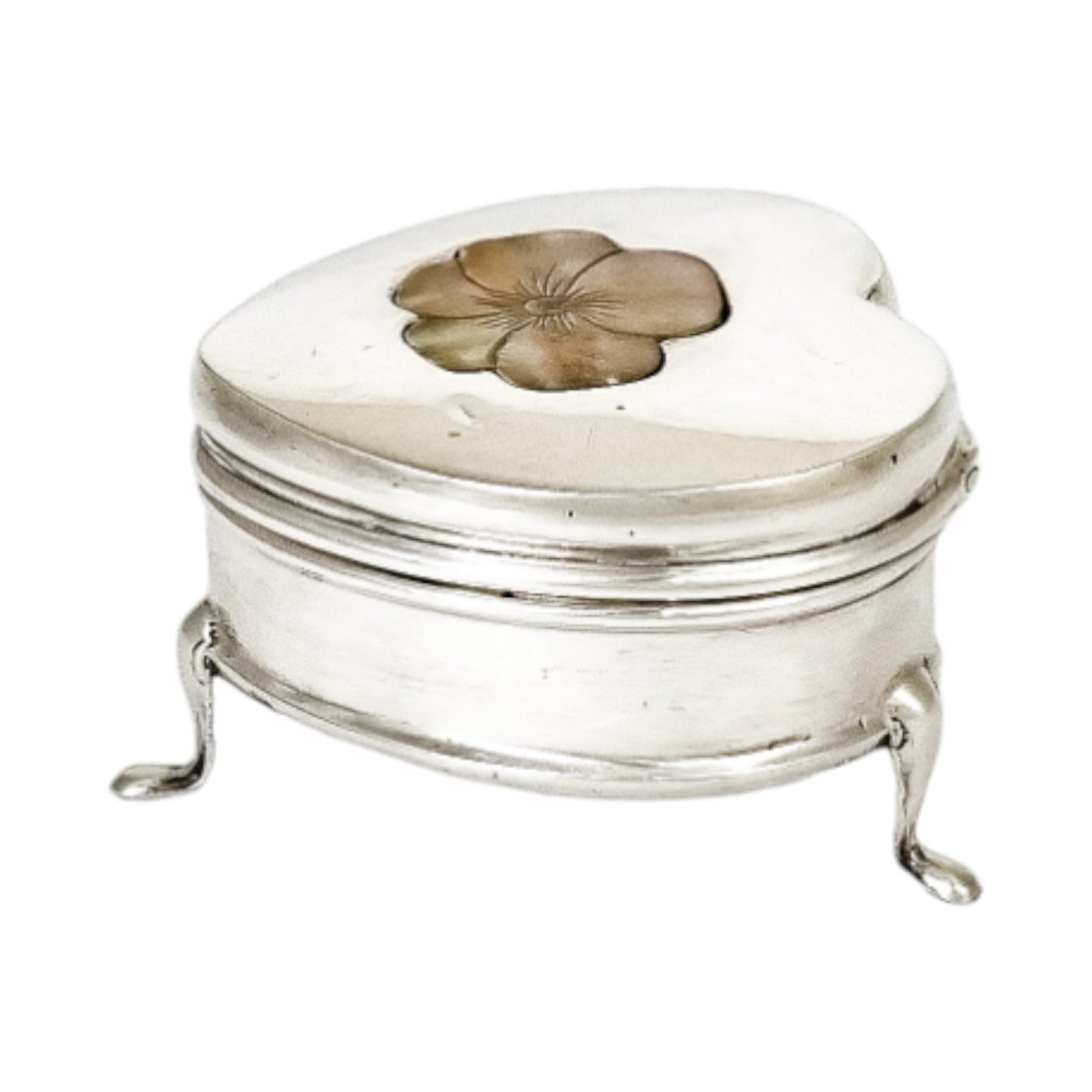 Edwardian sterling silver heart-shaped ring box with mother-of-pearl