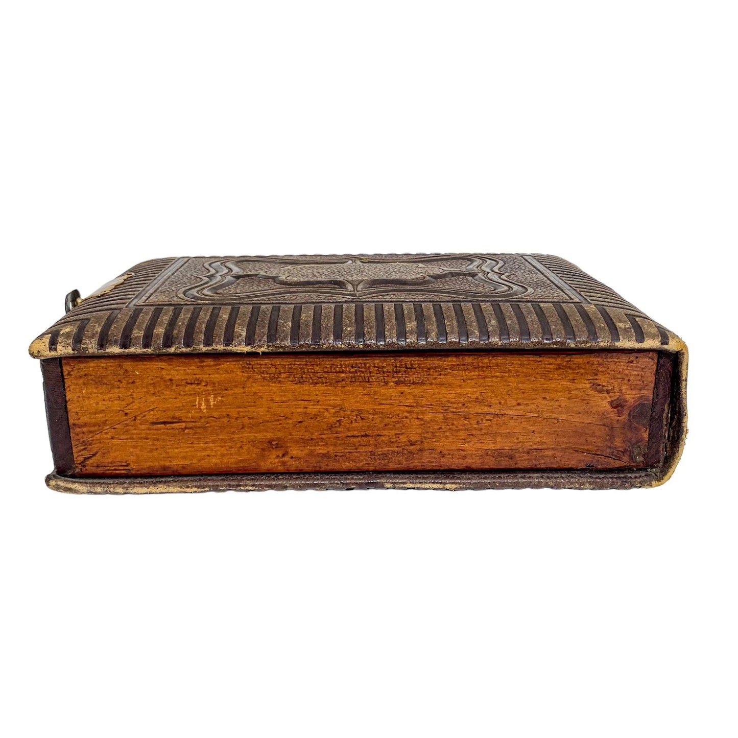 Storage box converted from Victorian tooled leather photo album with brass clasp