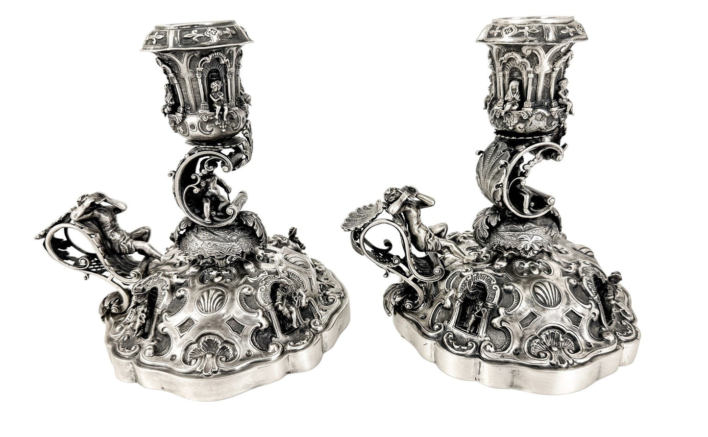 Renaissance Revival Hanau pair of large figural candlesticks with Pan and cherubs