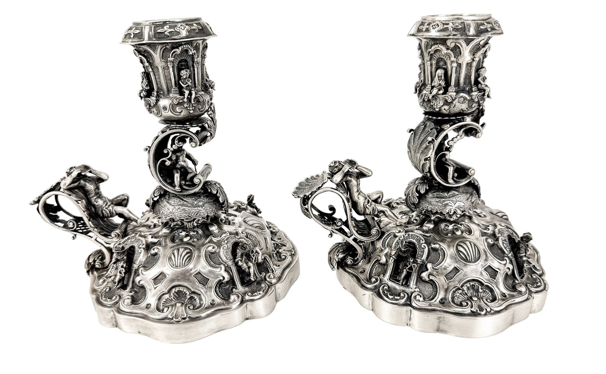 Renaissance Revival Hanau pair of large figural candlesticks with Pan and cherubs
