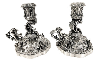 Renaissance Revival Hanau pair of large figural candlesticks with Pan and cherubs