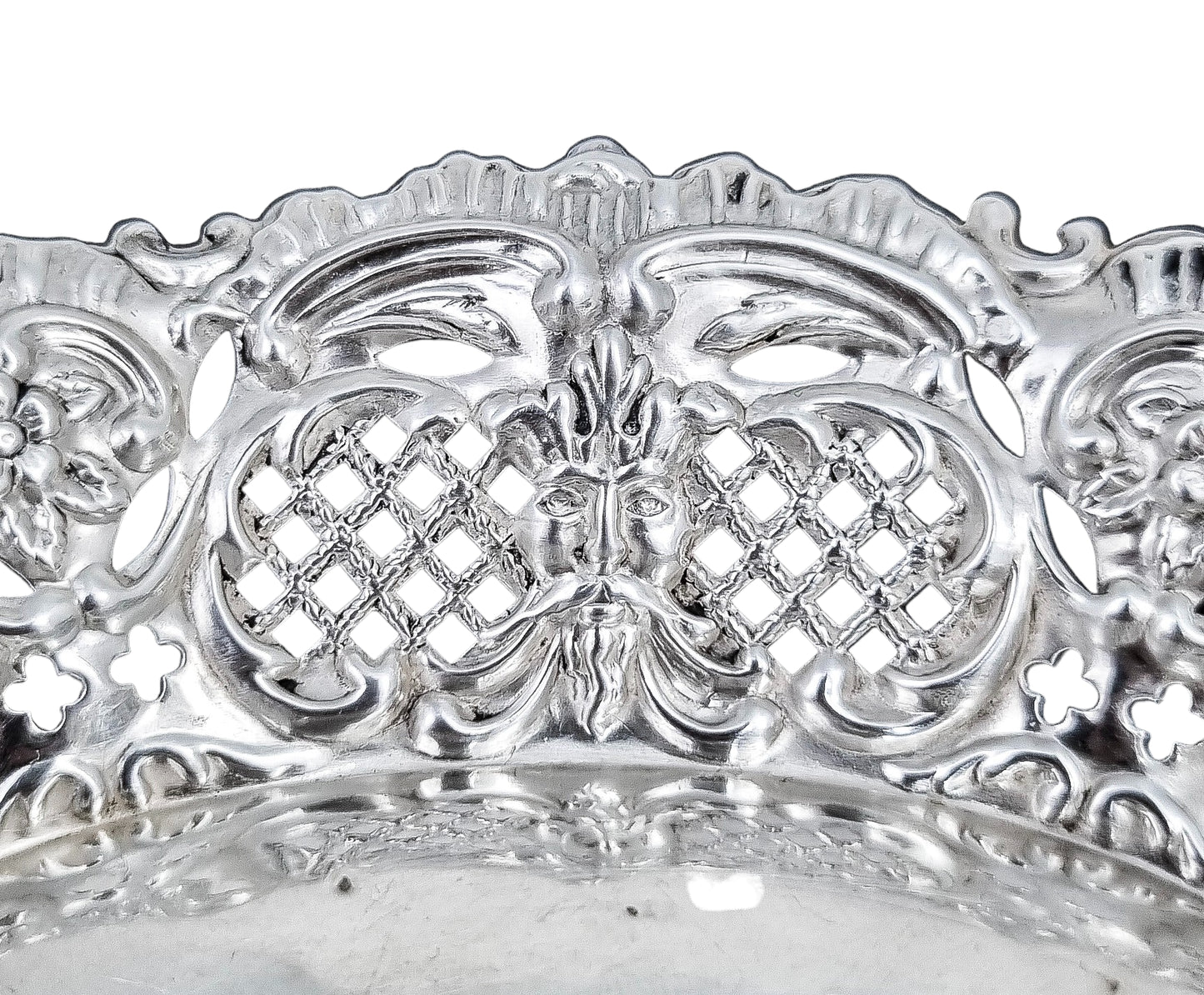 Victorian sterling silver bonbon dish with Green Man masks, Thomas Hayes 1898