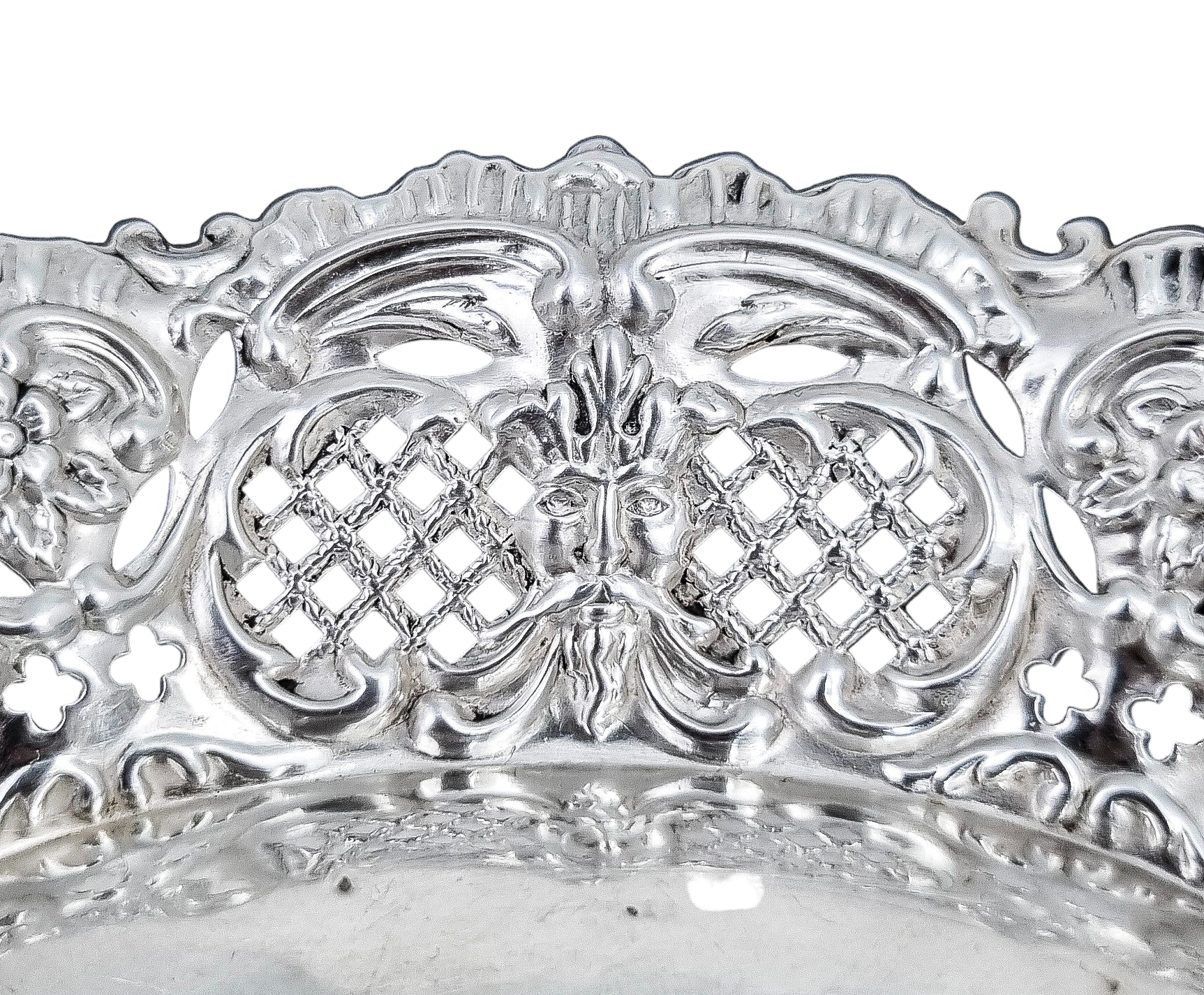 Victorian sterling silver bonbon dish with Green Man masks, Thomas Hayes 1898