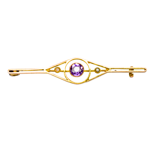 Victorian amethyst pearl 9ct yellow gold openwork bar brooch