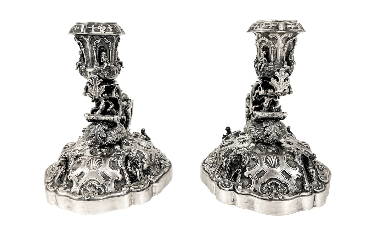 Renaissance Revival Hanau pair of large figural candlesticks with Pan and cherubs