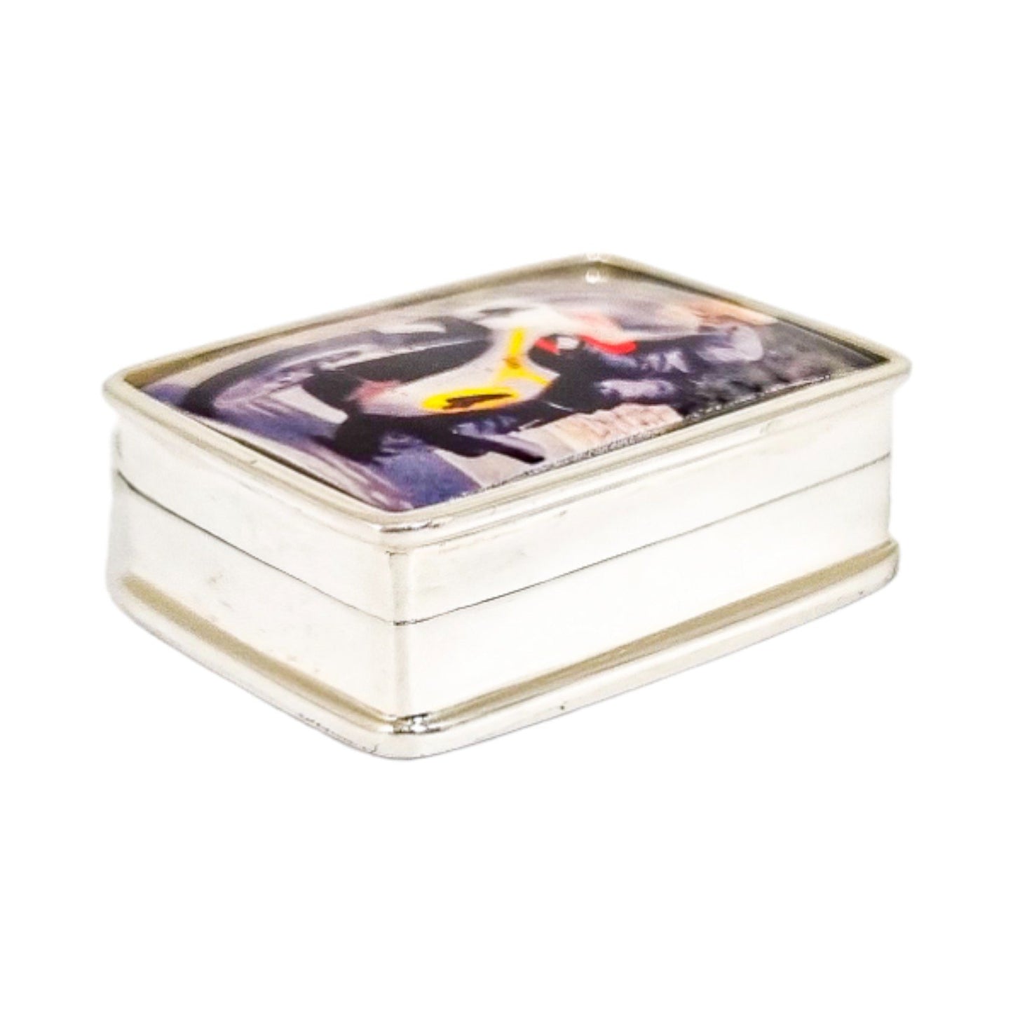 Sterling silver enamelled pill box with vintage motorbike racing design