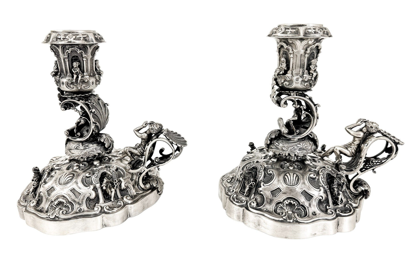 Renaissance Revival Hanau pair of large figural candlesticks with Pan and cherubs