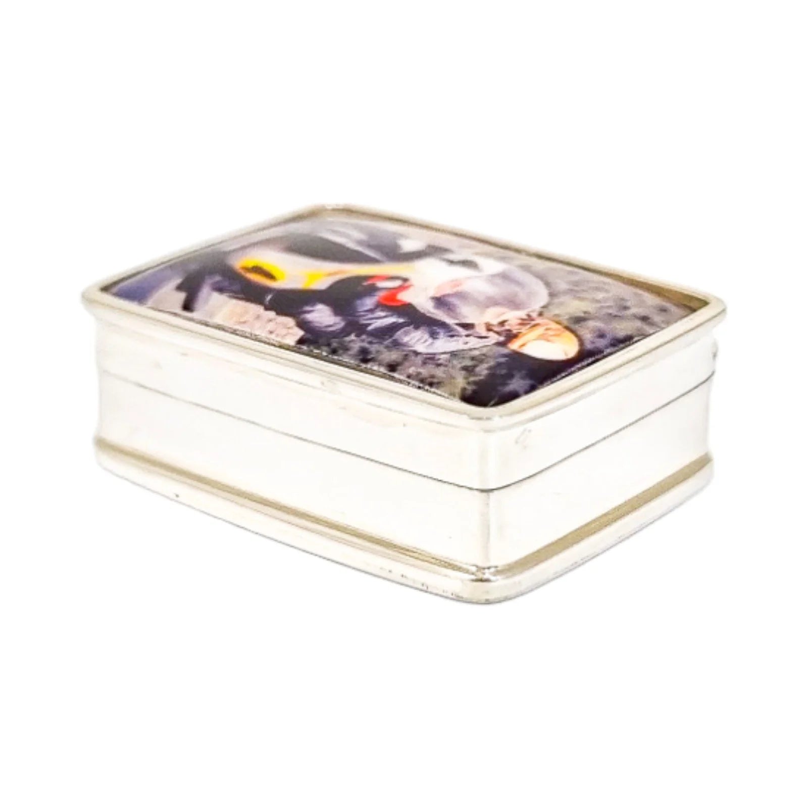 Sterling silver enamelled pill box with vintage motorbike racing design