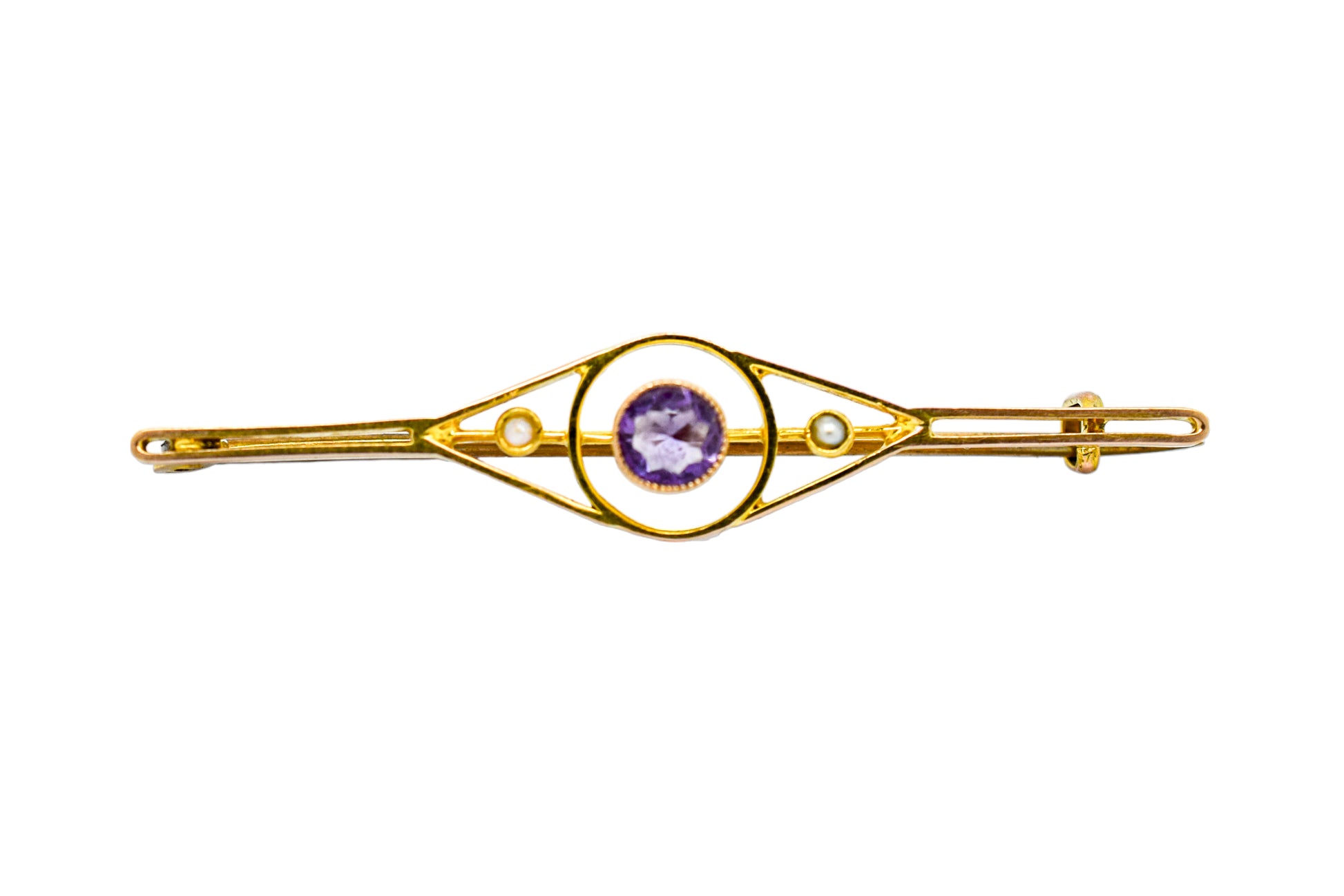 Victorian amethyst pearl 9ct yellow gold openwork bar brooch