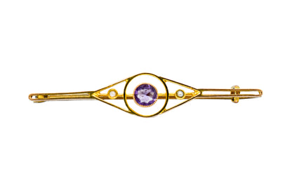 Victorian amethyst pearl 9ct yellow gold openwork bar brooch