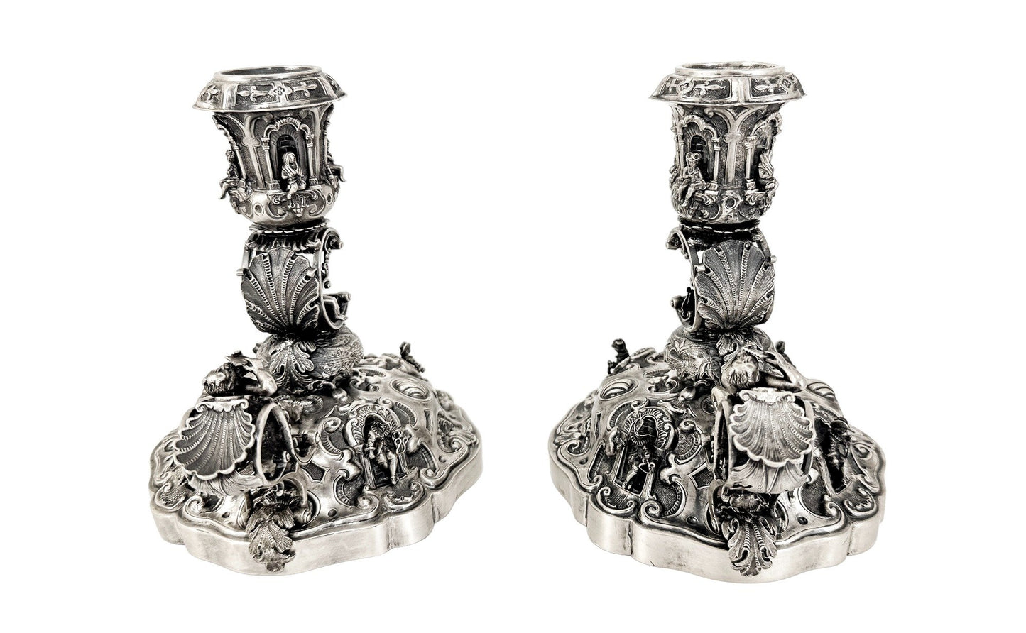 Renaissance Revival Hanau pair of large figural candlesticks with Pan and cherubs