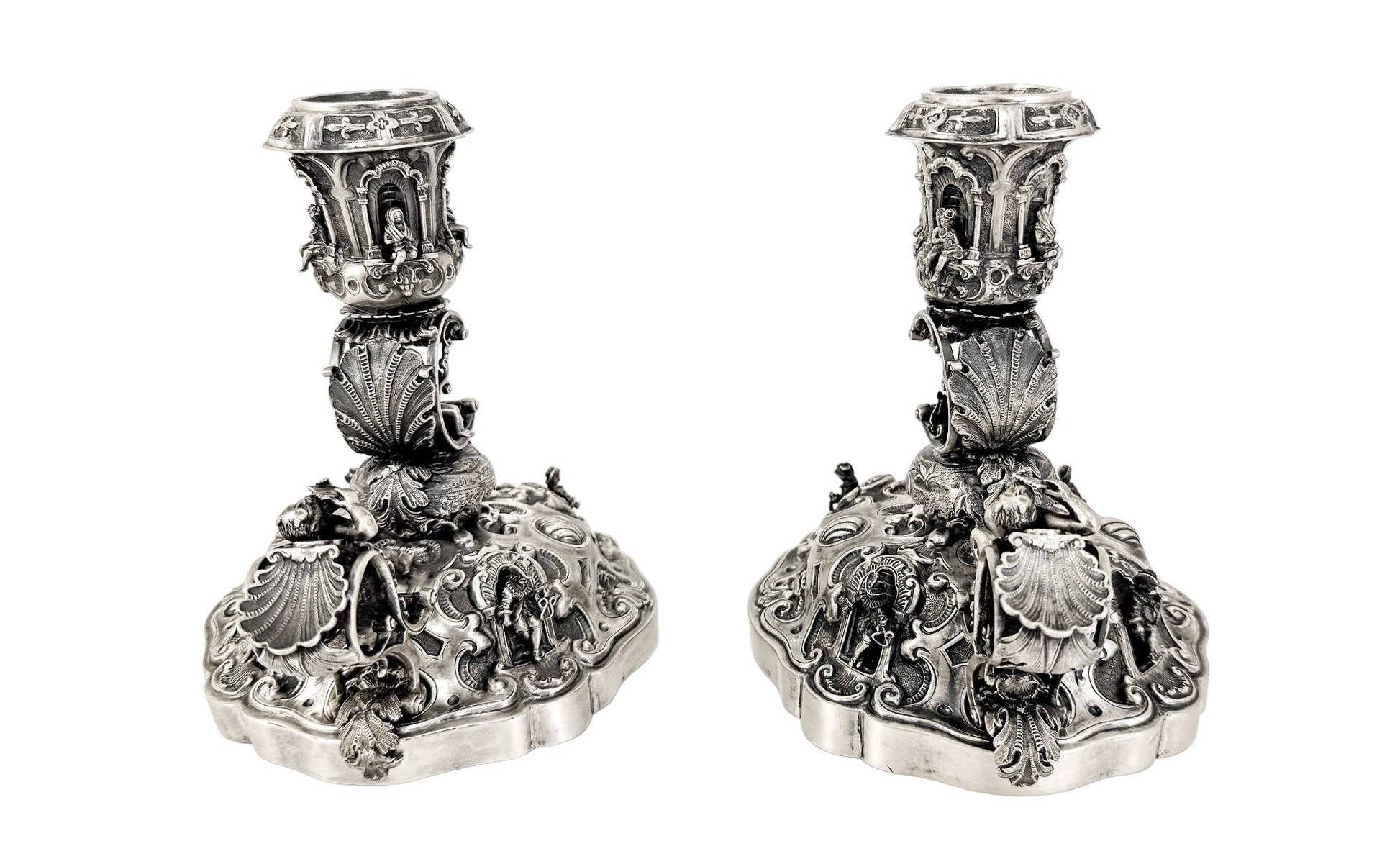Renaissance Revival Hanau pair of large figural candlesticks with Pan and cherubs