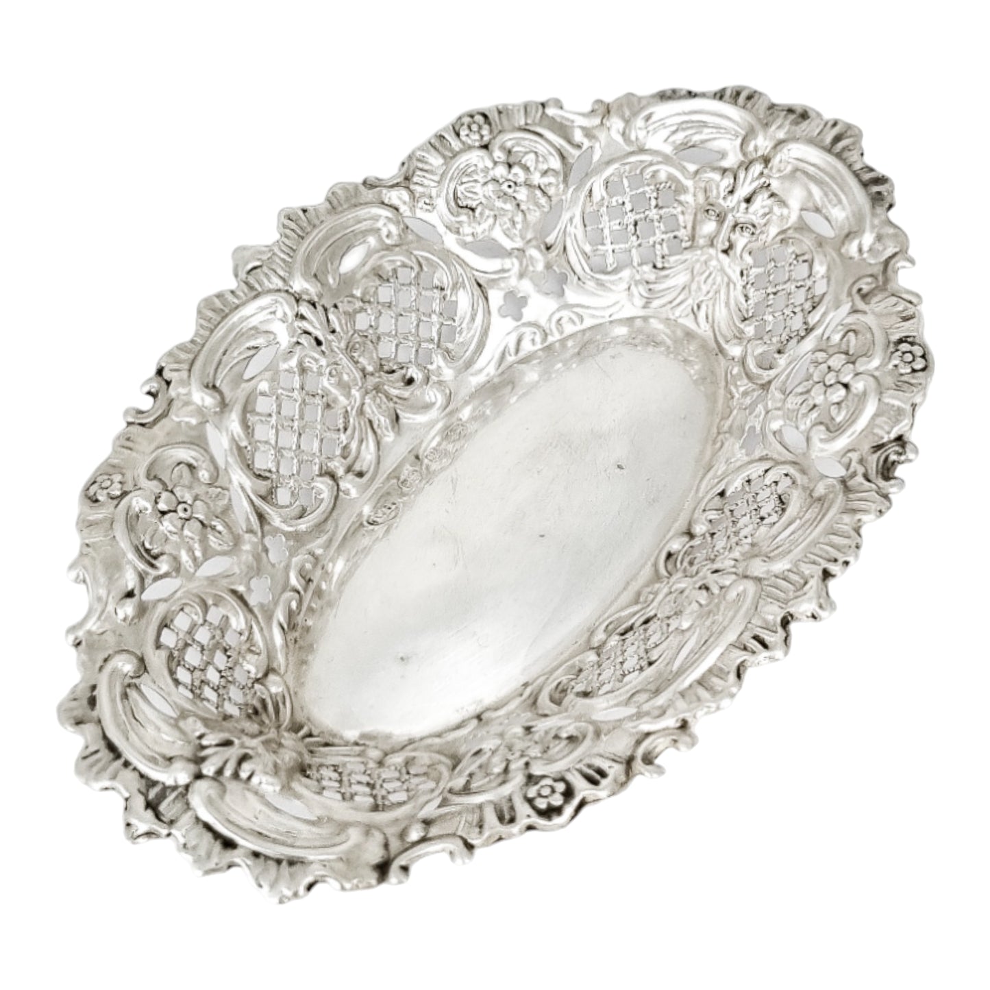 Victorian sterling silver bonbon dish with Green Man masks, Thomas Hayes 1898