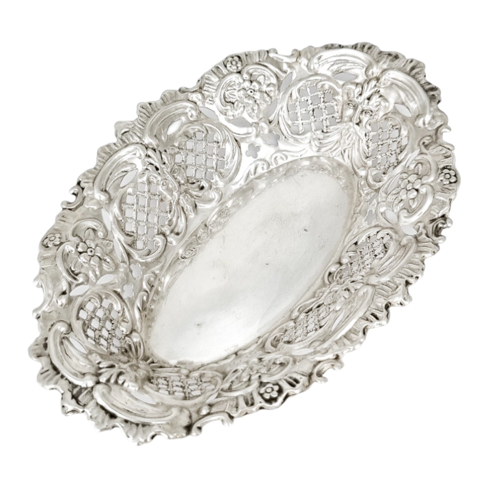 Victorian sterling silver bonbon dish with Green Man masks, Thomas Hayes 1898