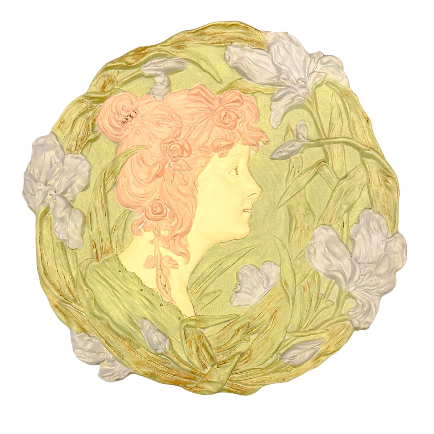 Art Nouveau Ernst Wahliss Vienna Secession wall plate; young woman among iris flowers