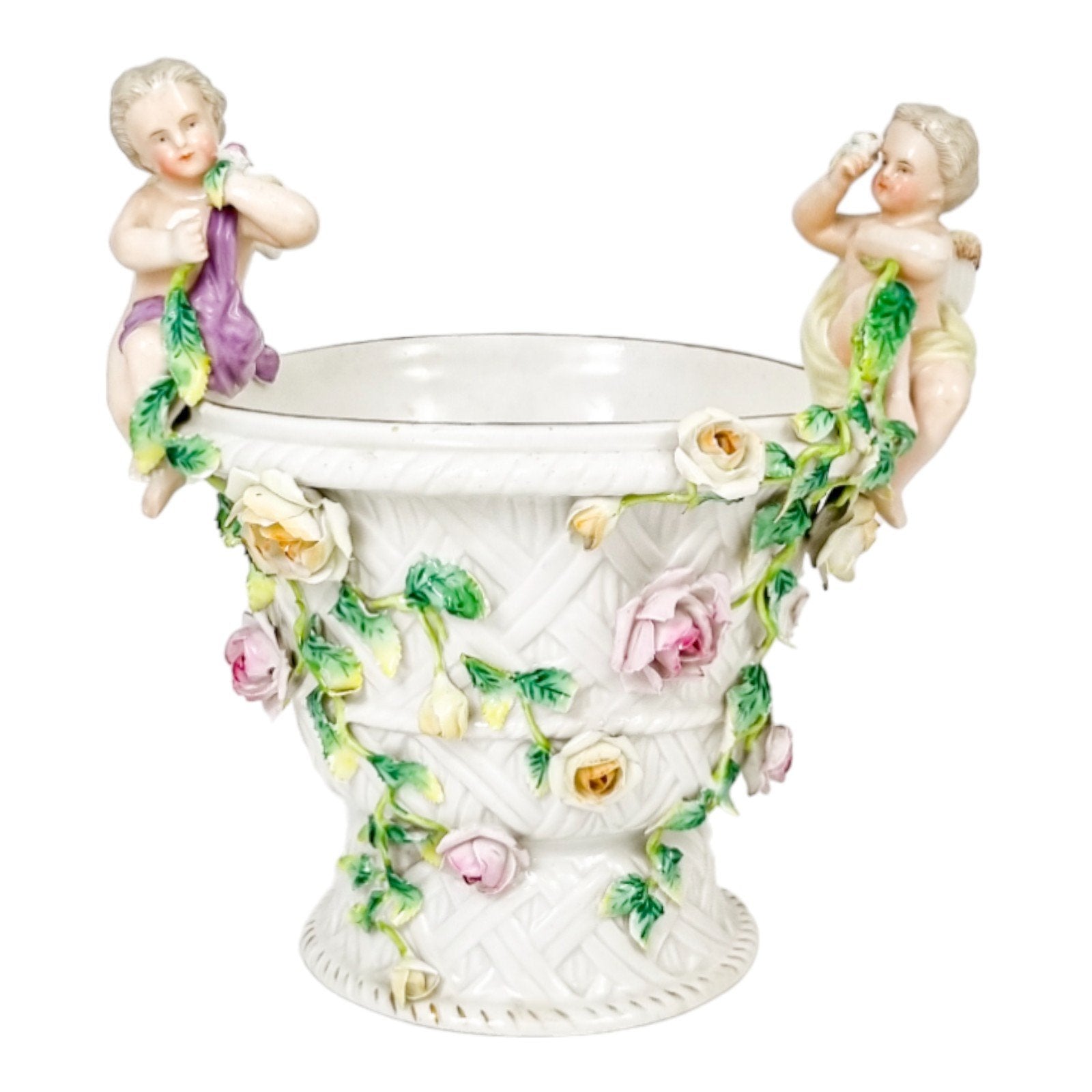 19th century German porcelain basket weave vase with rose garlands and cherubs