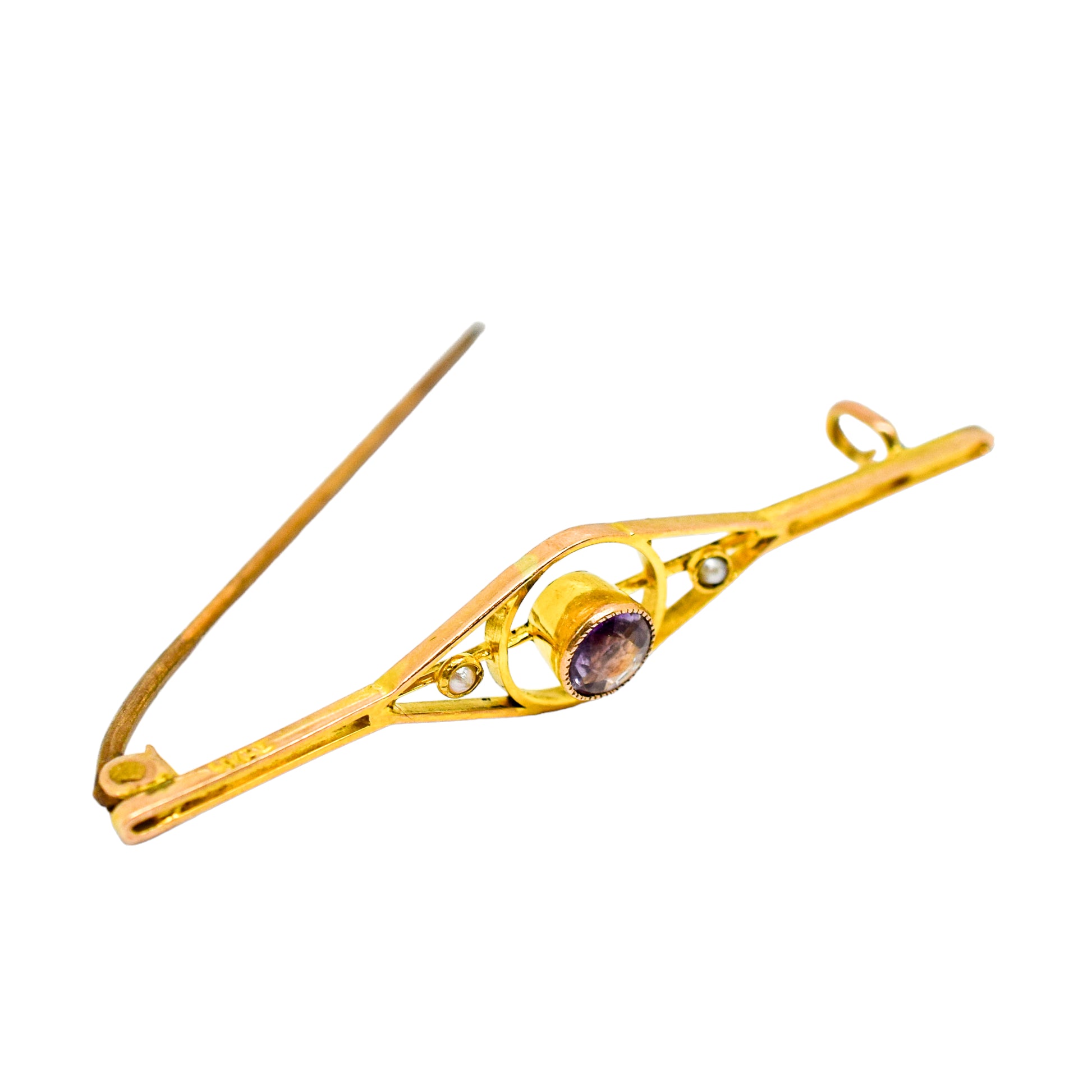 Victorian amethyst pearl 9ct yellow gold openwork bar brooch