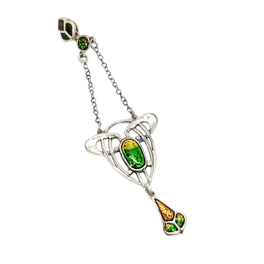 Art Nouveau sterling silver green and yellow enamel lavaliere openwork pendant