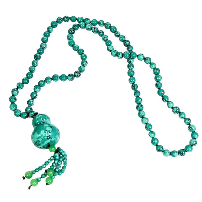 Large bead natural turquoise necklace with gourd pendant and jade tassels