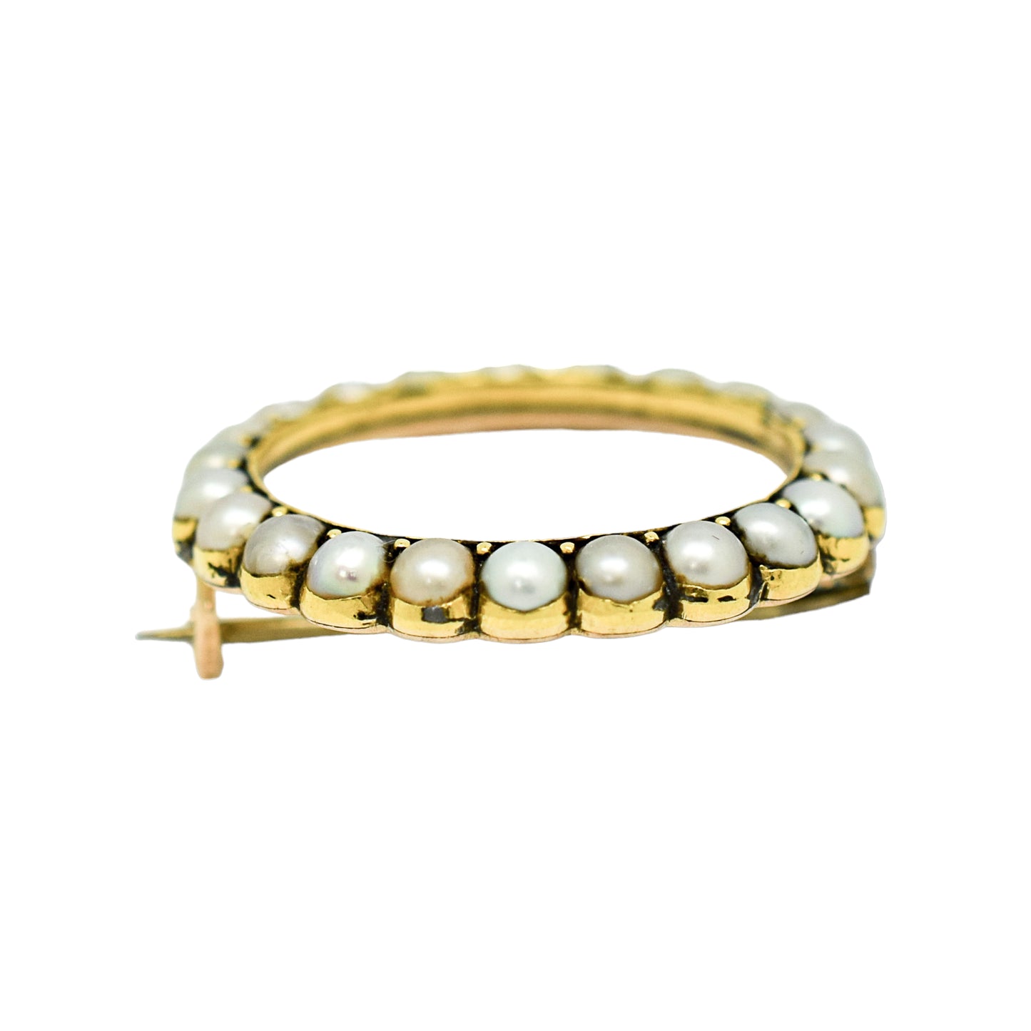 Victorian natural half pearl circle brooch / lace pin, 9ct yellow gold