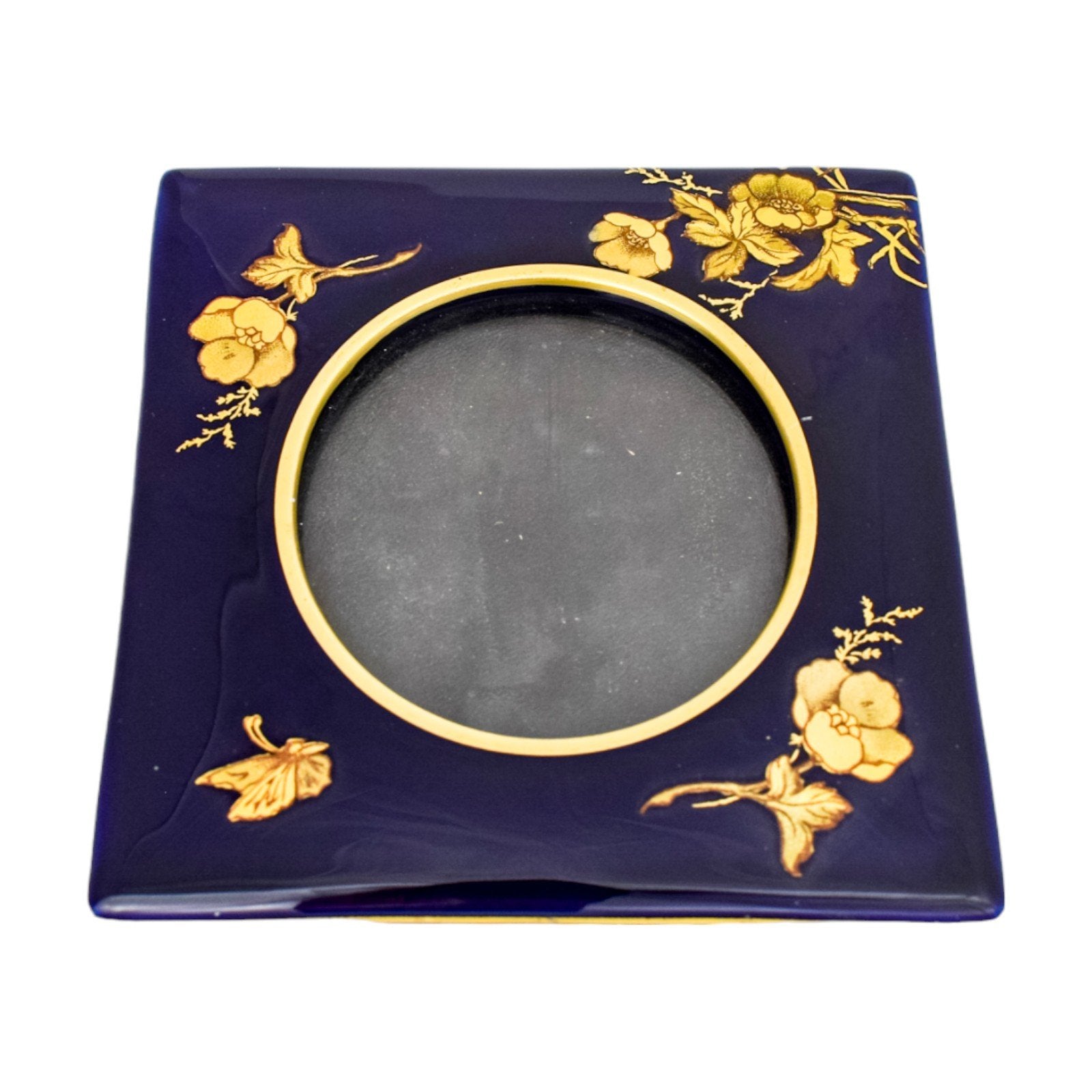 Arts & Crafts Limoges porcelain cobalt blue picture frame, gilded flowers and butterfly