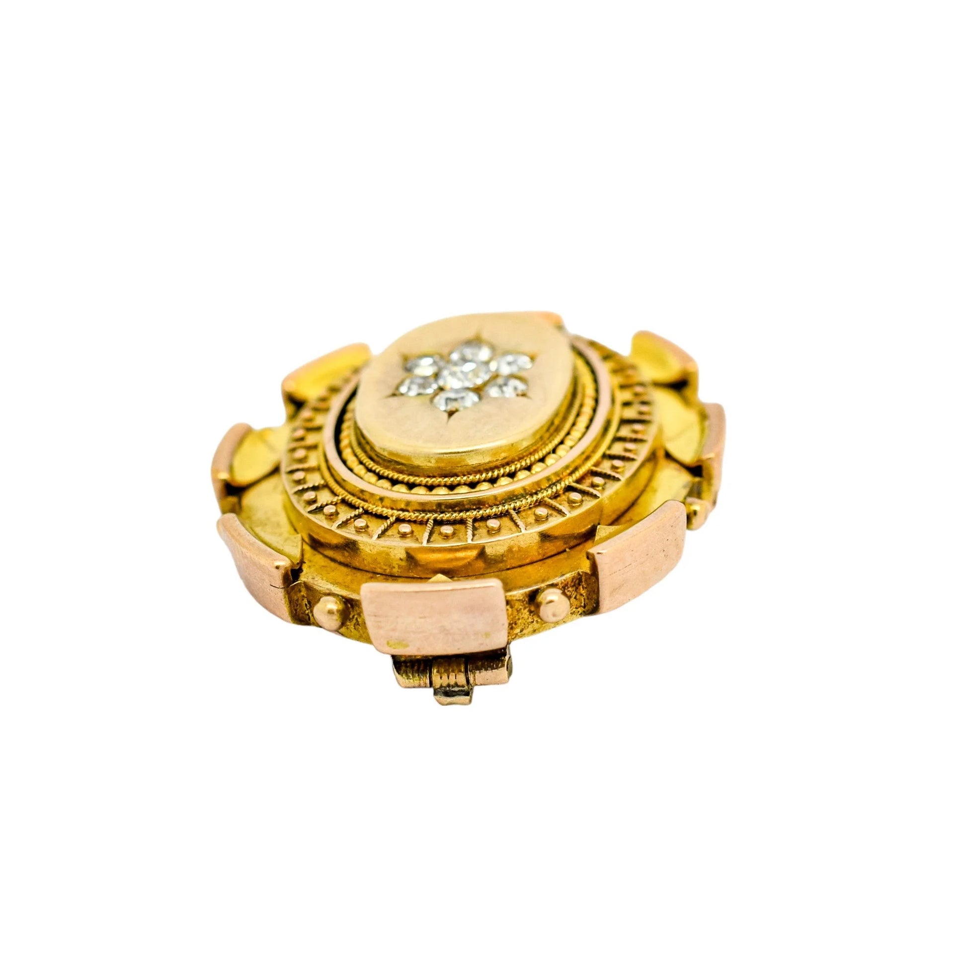 Victorian Etruscan Revival 15ct gold locket brooch, 0.6ct Old-cut diamonds, 13.22g