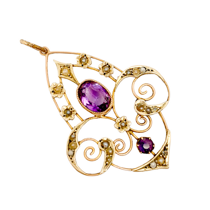 Art Nouveau lavalier amethyst pearl pendant 9ct yellow gold