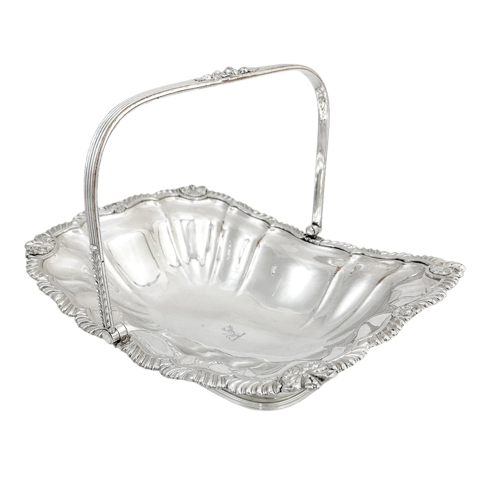 George III Old Sheffield plate large fluted basket with sterling aristocratic stag family crest