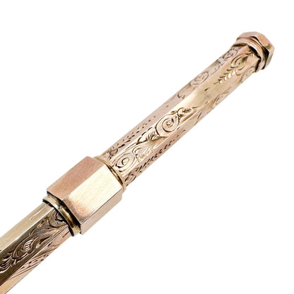 Victorian 9ct rose gold agate seal top hexagonal propelling pencil, engraved with flowers