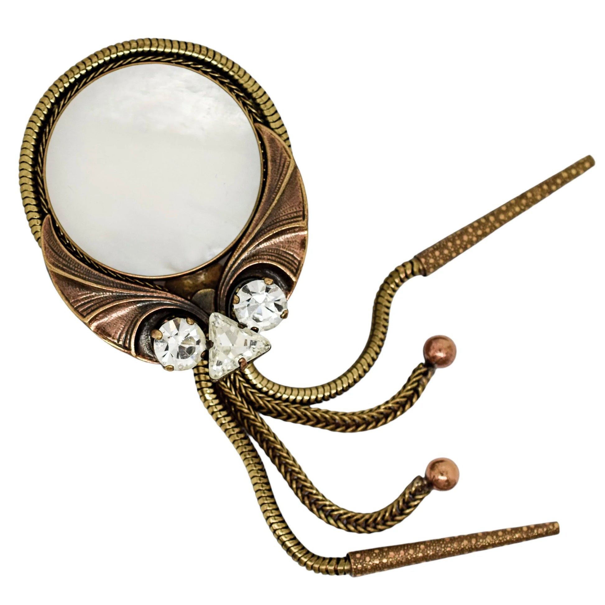 Vintage Ermani Bulatti Art Deco bronzed mother-of-pearl large dangling statement brooch