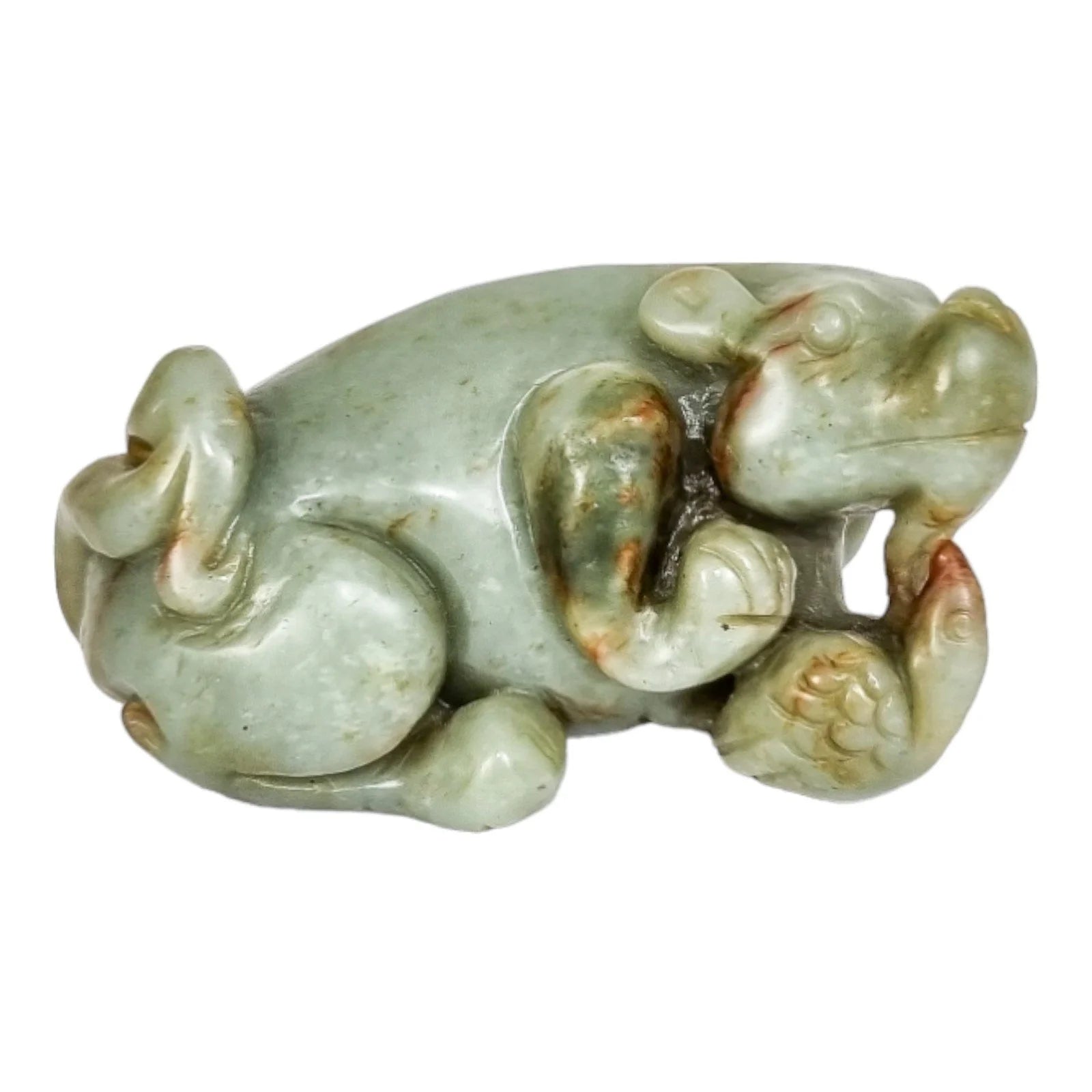 Qing dynasty celadon russet jade carving of lion and bird