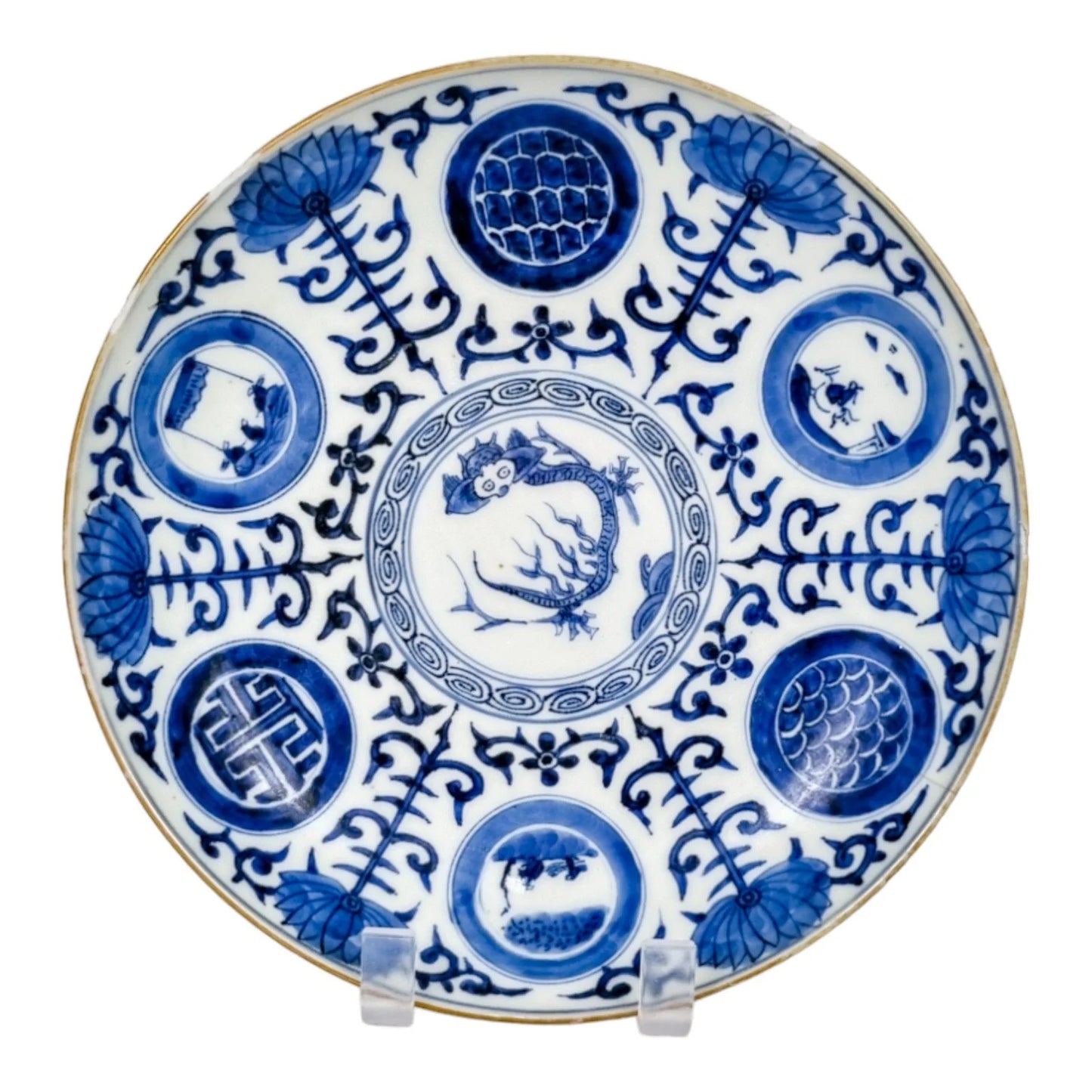 Japanese Edo blue and white porcelain charger with dragon and lotus flowers
