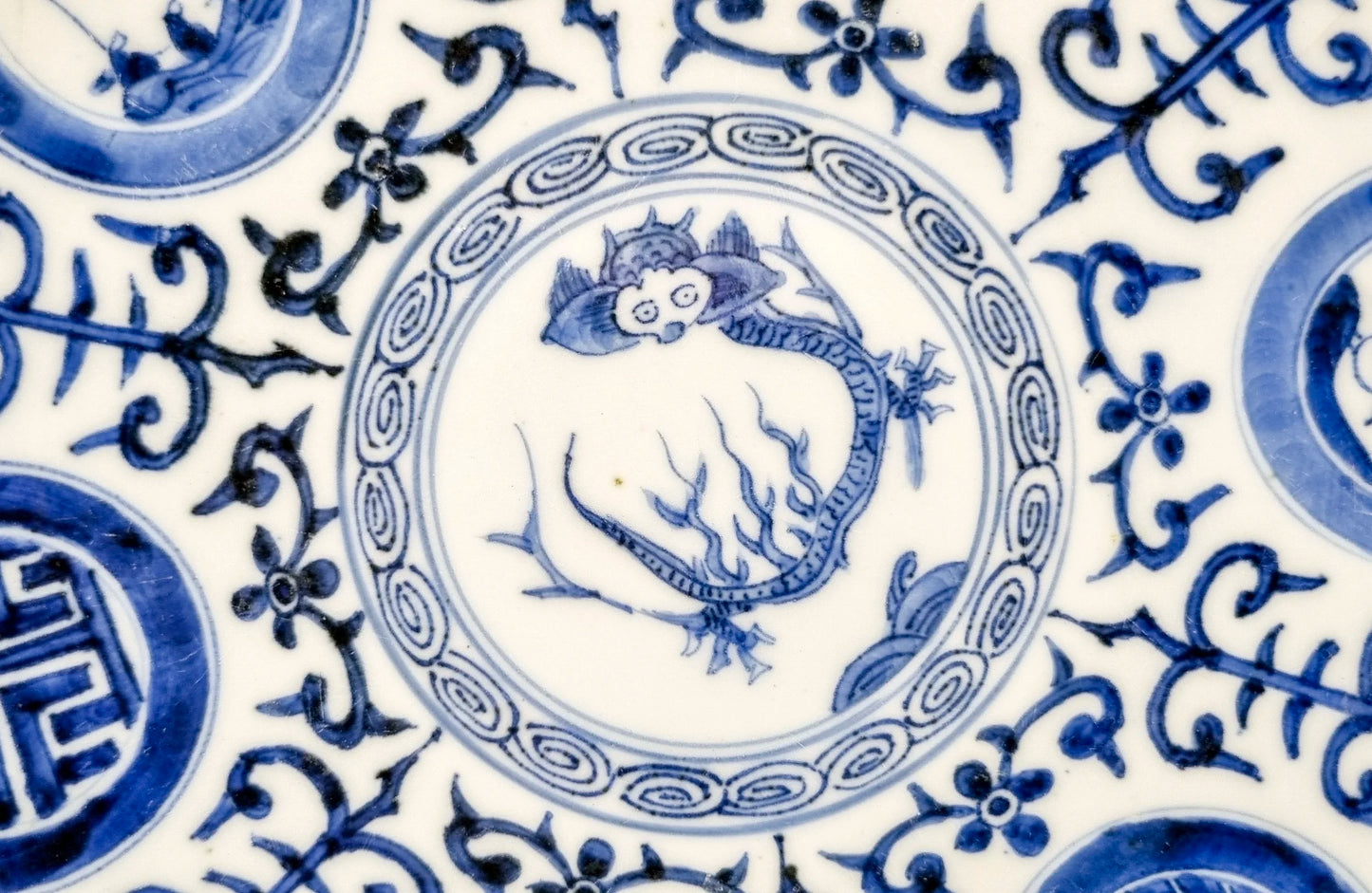 Japanese Edo blue and white porcelain charger with dragon and lotus flowers
