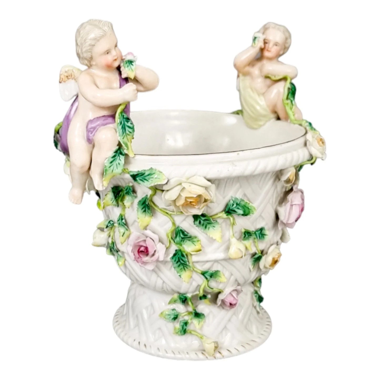 19th century German porcelain basket weave vase with rose garlands and cherubs