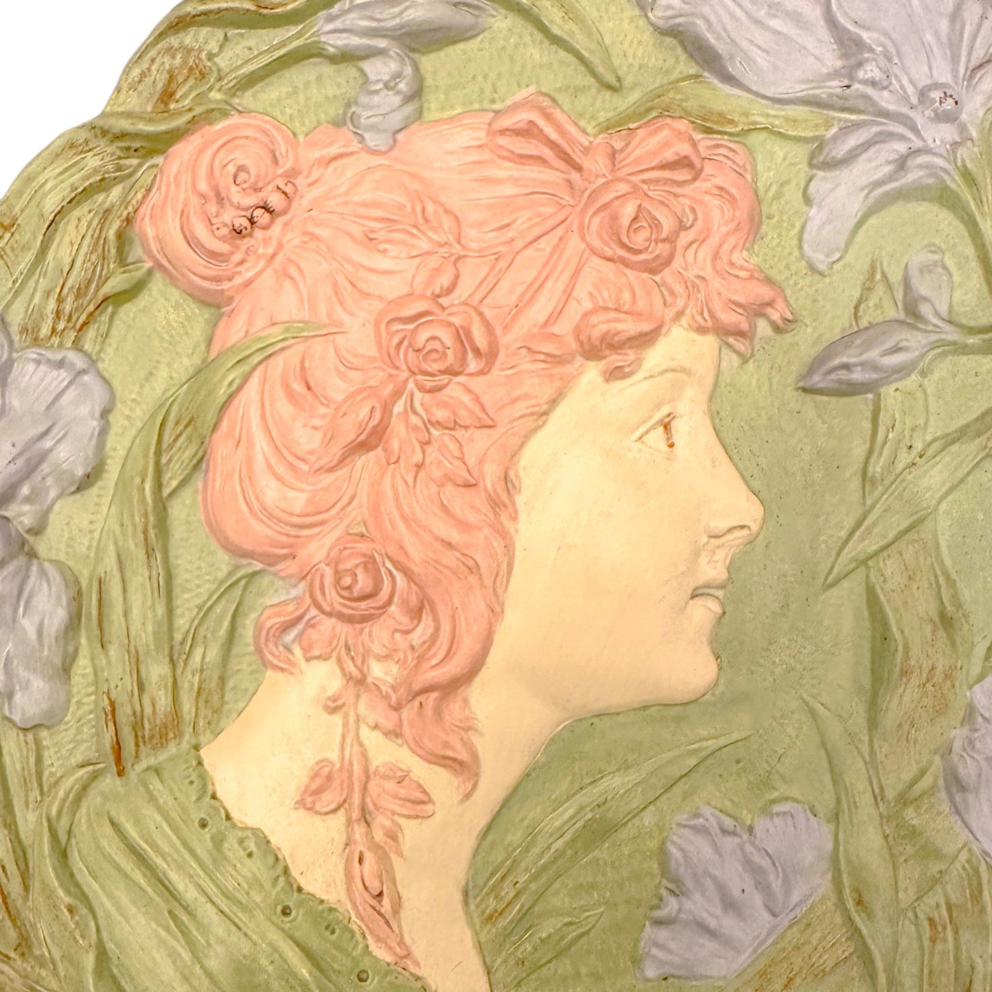Art Nouveau Ernst Wahliss Vienna Secession wall plate; young woman among iris flowers