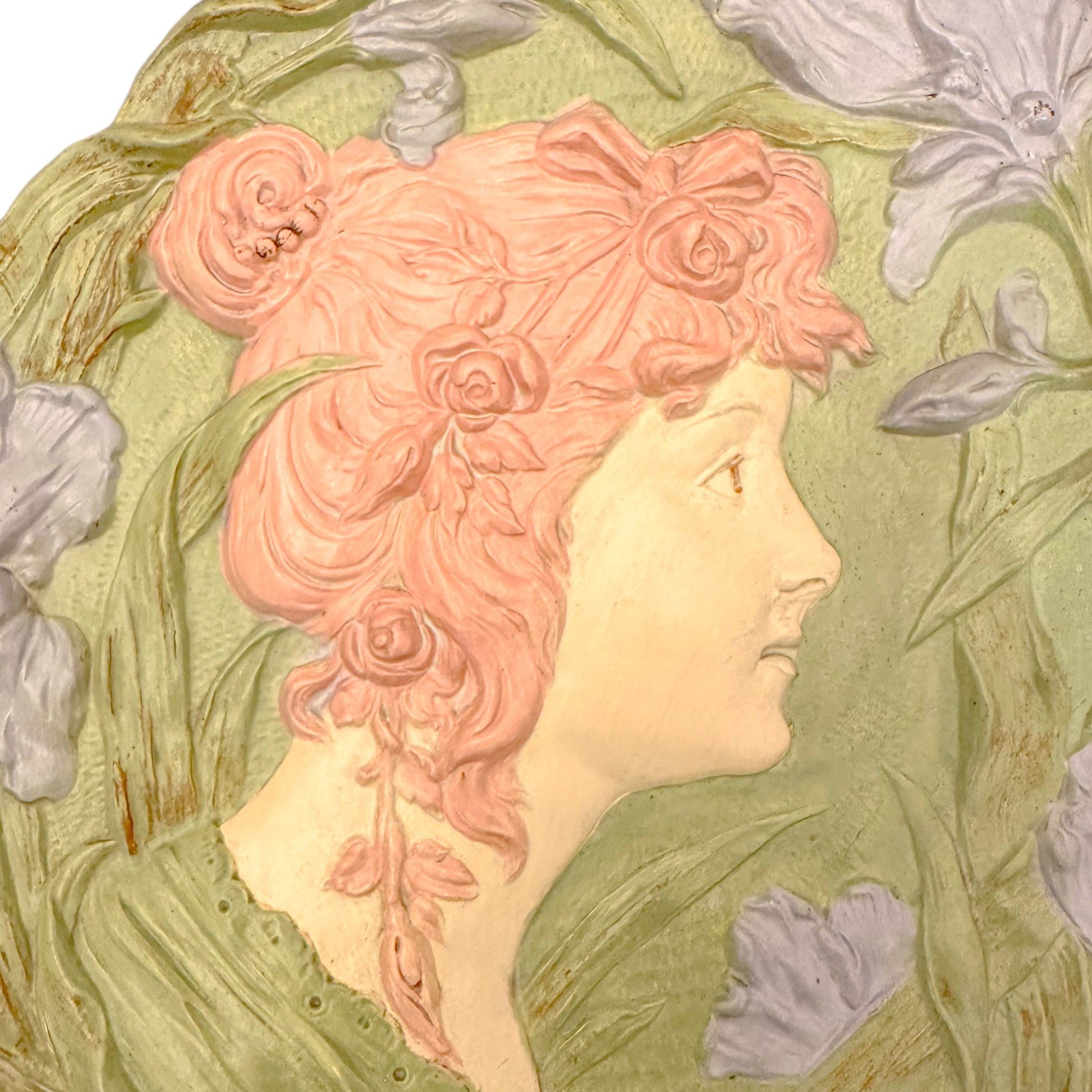 Art Nouveau Ernst Wahliss Vienna Secession wall plate; young woman among iris flowers