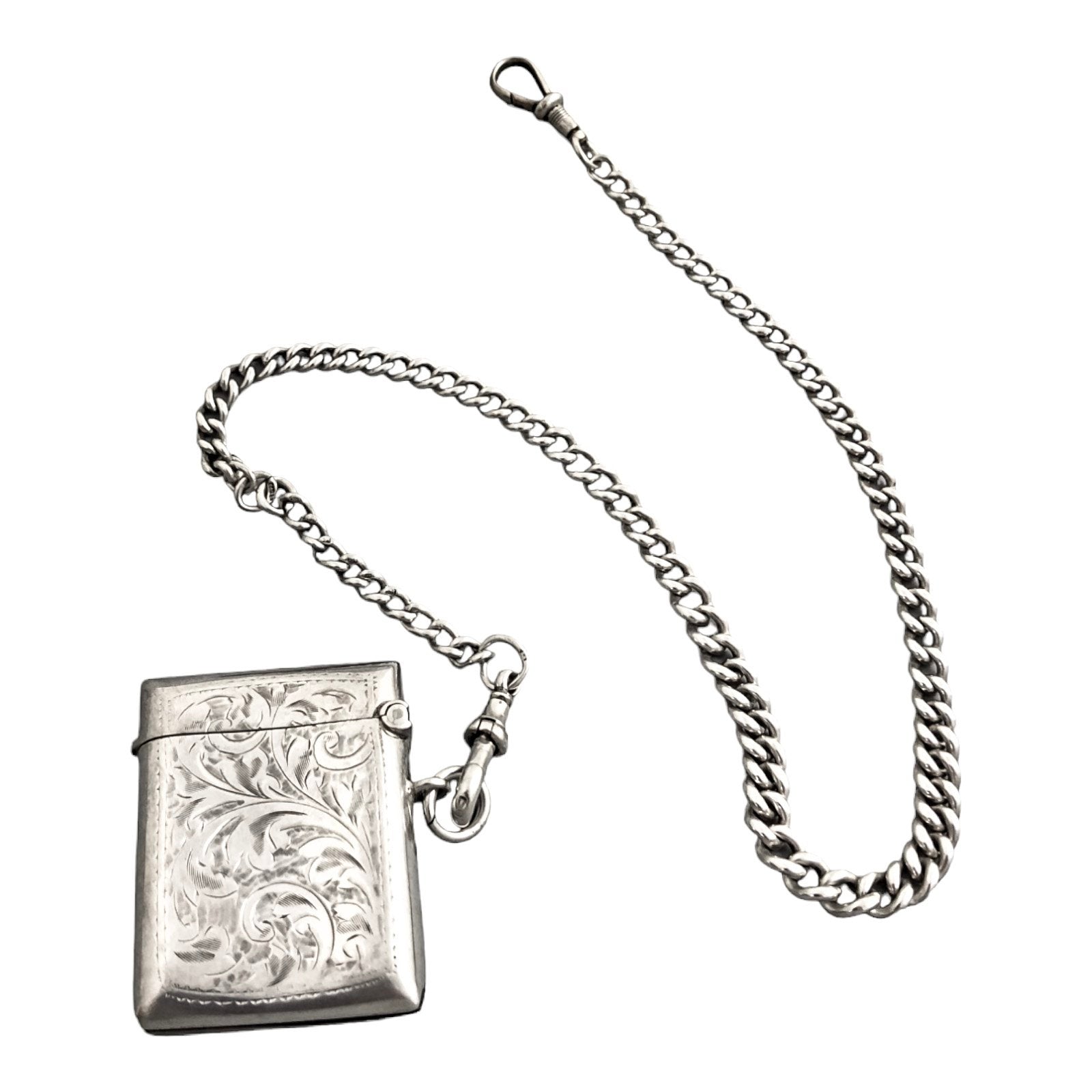 WWI sterling silver vesta case engraved with scrolls, on a Victorian watch curb Albert chain