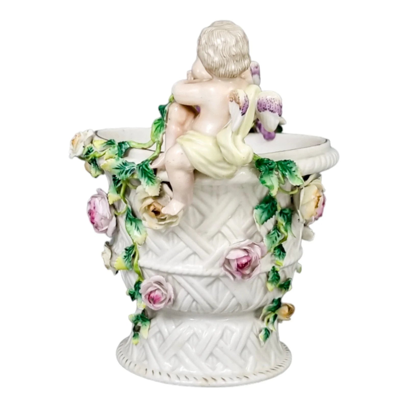 19th century German porcelain basket weave vase with rose garlands and cherubs