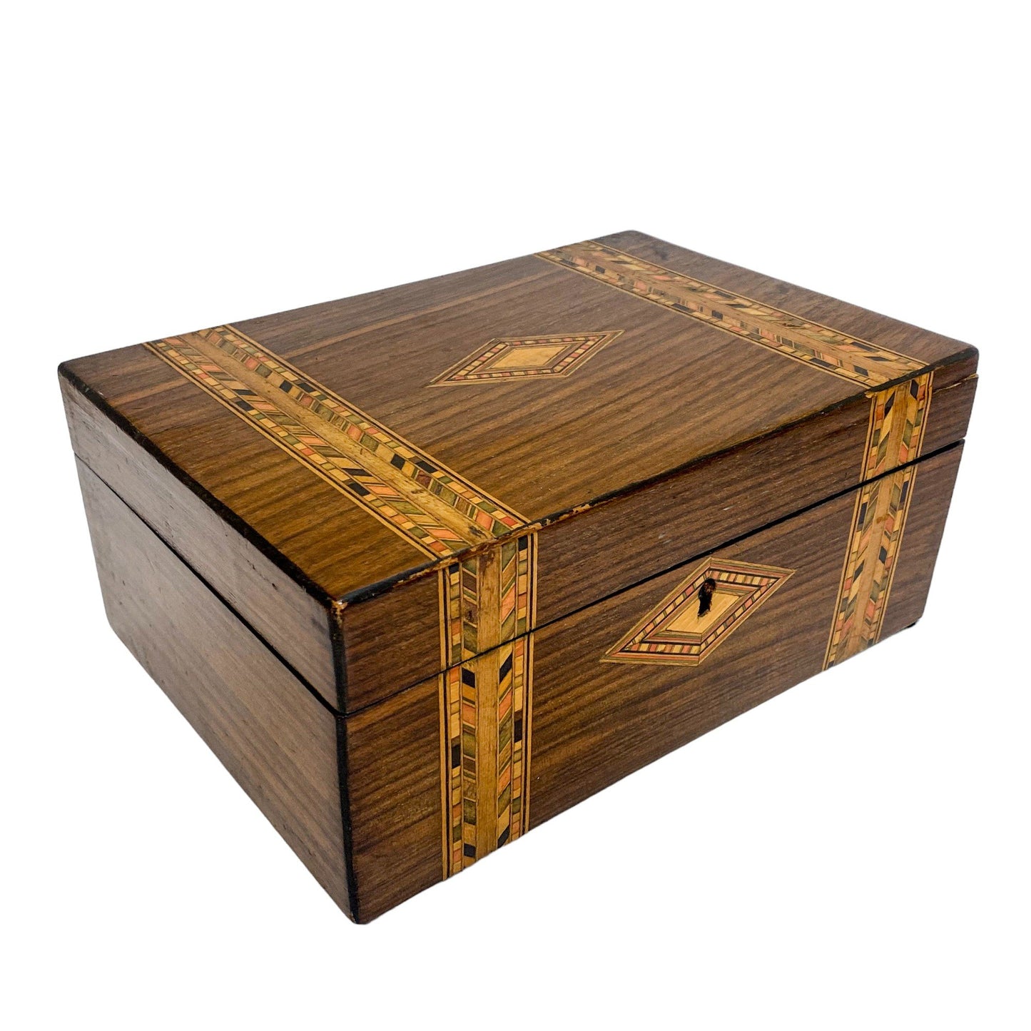 Victorian Tunbridge Ware lady's keepsake box with silk lining and geometric marquetry bands