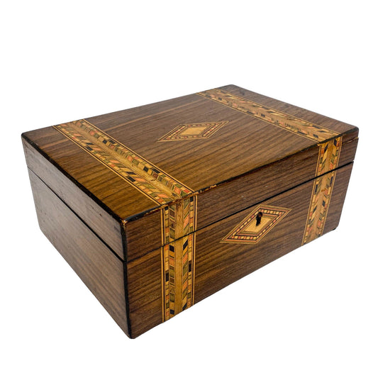 Victorian Tunbridge Ware lady's keepsake box with silk lining and geometric marquetry bands
