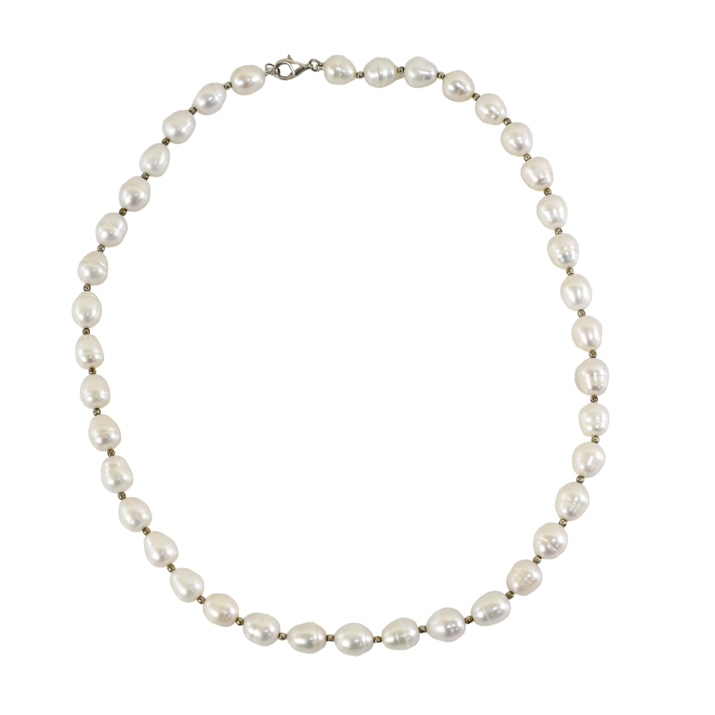Baroque saltwater white pearl single strand princess necklace with sterling silver beads