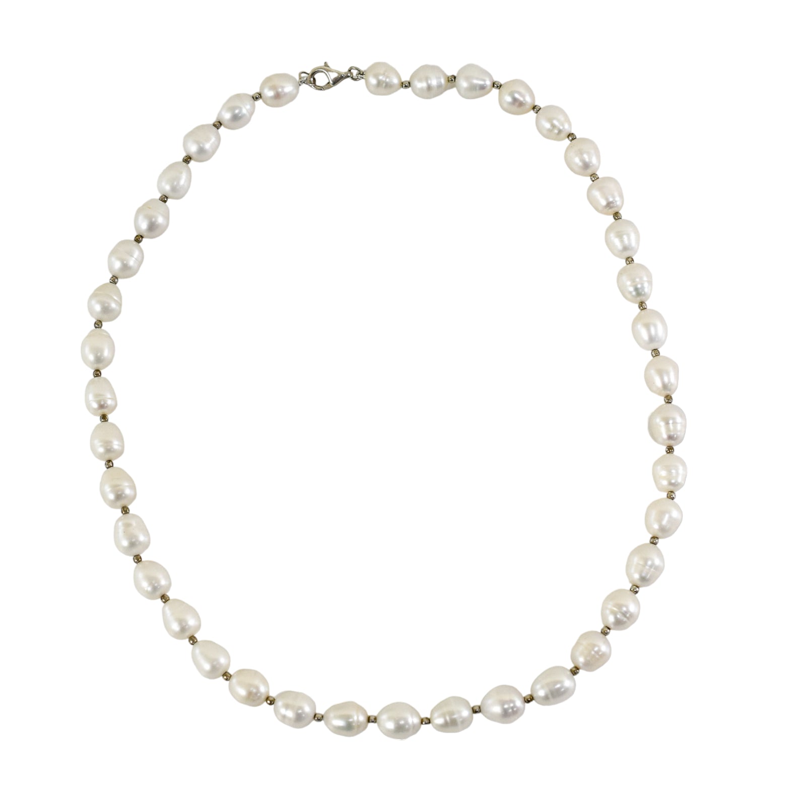 Baroque saltwater white pearl single strand princess necklace with sterling silver beads
