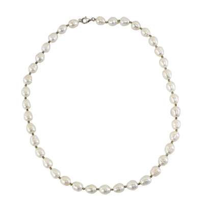 Baroque saltwater white pearl single strand princess necklace with sterling silver beads