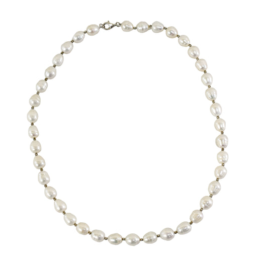 Baroque saltwater white pearl single strand princess necklace with sterling silver beads
