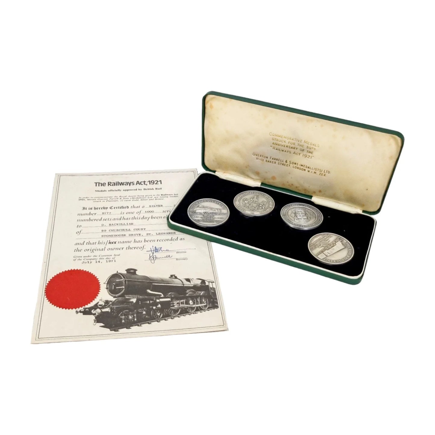 Boxed Railway Act 1921 set of sterling silver 4 commemorative medals for 50th anniversary