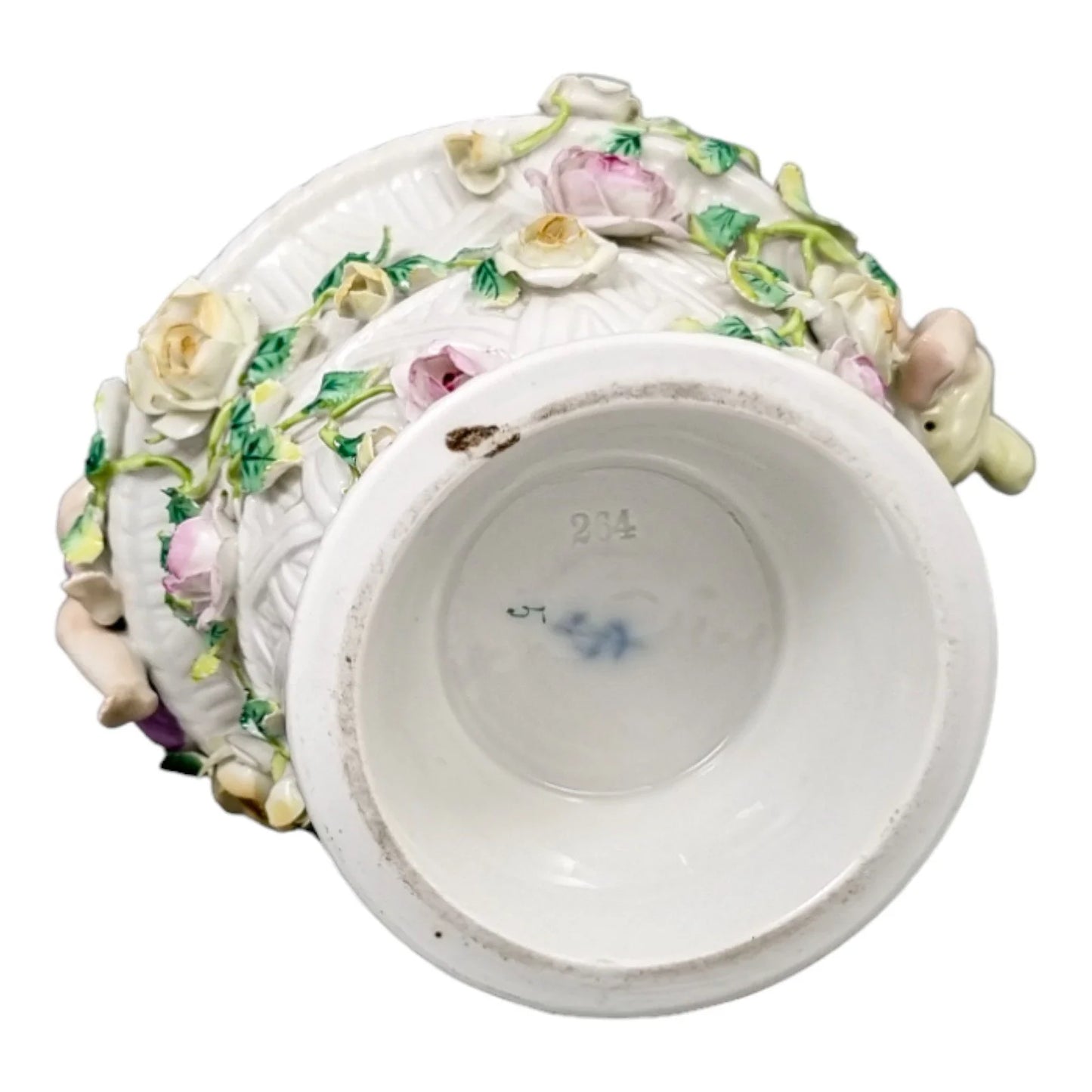 19th century German porcelain basket weave vase with rose garlands and cherubs