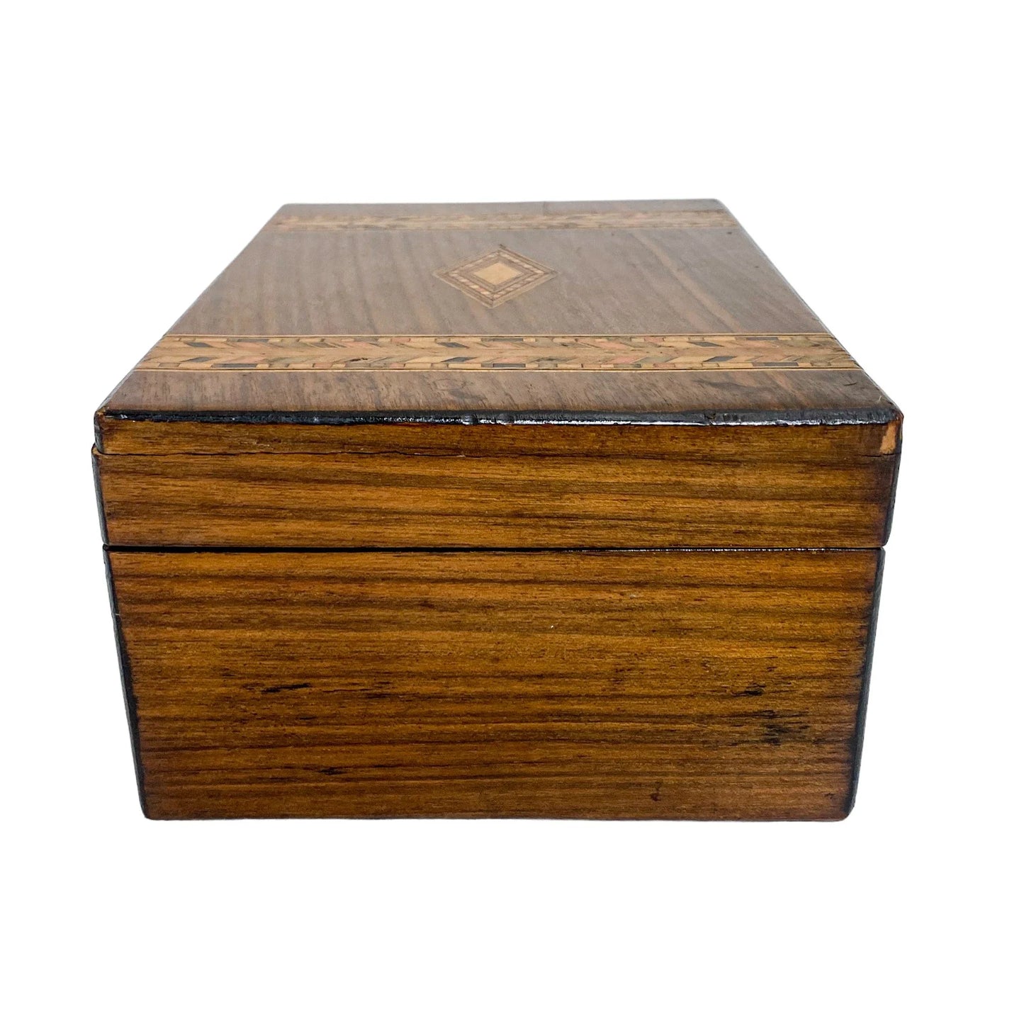 Victorian Tunbridge Ware lady's keepsake box with silk lining and geometric marquetry bands