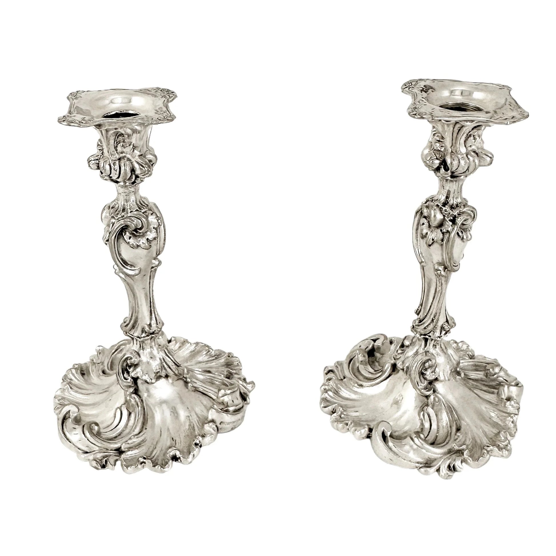 Edwardian Elkington silver plated Rococo candlesticks